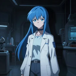 in the style of 8 0's anime : : somber art : : pale hologram science girl researcher blue hair : : shadowed futuristic lab background interior