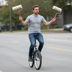 a man riding a unicycle, holding a paint roller in each hand