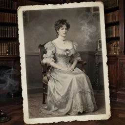 concept art, 1 9 th century spirit photography, see - through victorian woman in a chair, in the library room, ambient smoke, torn photograph, photorealistic, highly detailed, 8 k
