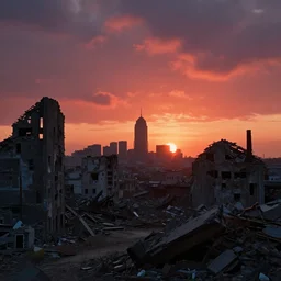 a film still landscape by roger deakins - a destroyed city, 3 5 mm lens, early morning, dramatic lighting, cinematography, sunset red and orange, cinematic, global illumination, highly detailed, photorealistic