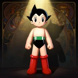 portrait of Astroboy, centered full body pose, zenith angle, shadowy area, dramatic lighting, concept art, digital painting, Unreal Engine 5, 8K, art by artgerm and Greg Rutkowski and Alphonse Mucha