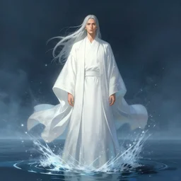 distant full body view, aaron taylor johnson as a water titan in white robes, long hair, dressed!!!!!!!!!!!!!!! digital painting, concept art, smooth, sharp focus, illustration by artgerm, yoshitaka amano, krenz cushart, shinji aramaki