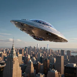 ufo spaceship orbiting new york city. high momentum.