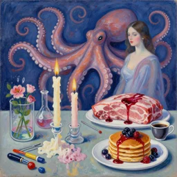 sensual, dripping candles, surgical equipment, giant octopus and a woman, raw pork, berry juice drips, pancakes, coffee, berries, flowers in scientific glassware, art supplies, candles dripping wax, neo - impressionist surrealism, acrylic and spray paint and oilstick on canvas