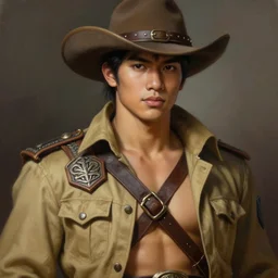 pretty face and smart and handsome thai ww 2 hunter in armed, close - up portrait, with western hat, khaki safari suite, intricate, with leather armor cross onbare chest, elegant, loin cloth, highly detailed, oil painting, artstation, concept art, matte, sharp focus, illustration, hearthstone, art by earl norem and lixin yin and denys tsiperko and bog