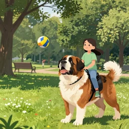 girl riding a giant saint Bernard at the park that is catching a ball, trending on artstation