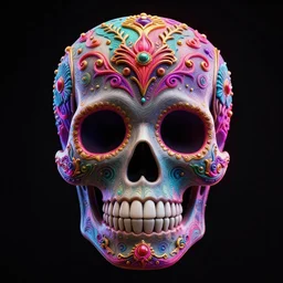 a highly detailed photographic render of intricately carved sugar skull, symmetrical, centred, psychedelic, black background, neon light, intricate ornament, gilding, horror, dark fantasy, beautifully lit, ray traced, octane 3D render in the style of Gerald Brom and James Gurney