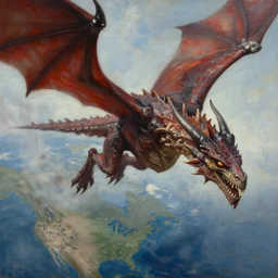 oil painting of one deathwing dragon flying down on earth by greg rutkowski, closed up view