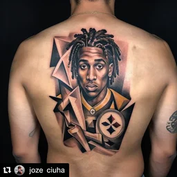 a person with a tattoo on their back, wiz khalifa as a pittsburgh steeler, a tattoo by joze ciuha, trending on instagram, cubism, tattoo, clean, intricate