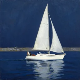 white sailboat on a dark blue sea by a port, coherent, oil on canvas, reflection