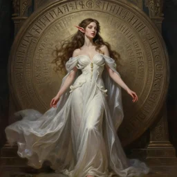 fantasia, portrait oil, beautiful daemon, flowing dress, carving runes profane altar, intricate, elegant, highly detailed, digital painting, smooth, sharp focus, illustration, wlop, mars ravelo, greg rutkowski, cinematic lighting, unreal, natural tpose