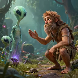 Caveman discovering alien species, artstation, CGsociety, octane render, artstationHQ, detailed, unreal engine