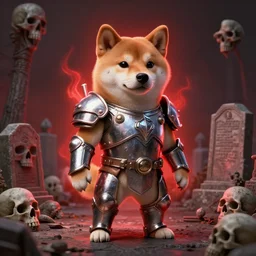 anthropomorphic shiba inu, bismuth metal armor, anthropomorphic shiba inu, standing, cementary of skulls, fantasy 3 d render, masterpiece, red aura, by donato giancola and greg rutkowski and wayne barlow and zdzisław beksinski, realistic face