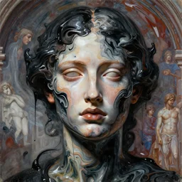 epic concept art. 3 d abstract beautiful female face mixing with black and color liquid fluid, marblic liquid acrylic paint, fresco by michelangelo, epic light, matte painting. greg rutkowski, wlop, victo ngai, lee griggs. highly detailed octane render