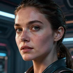 VFX movie of a futuristic space woman gorgeous closeup portrait in future spaceship, beautiful natural skin neon lighting by Emmanuel Lubezki