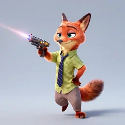 “ animal character in the style of zootopia holding laser gun, floating alone, with a black dark background, digital art, award winning, trending on art station ”