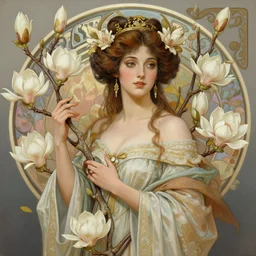 hyperdetailed portrait of beautiful queen goddess of magnolia flowers in a robe. by greg rutkowski, highly detailed portrait, digital painting, artstation, smooth, sharp foccus ilustration, artstation hq. intricate, elegant. art by wlop and artgerm and greg rutkowski, alphonse mucha, medium shot. dan mumford, tomokazu matsuyama, takato yamamoto
