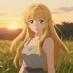anime art, anime key visual of elegant female, long blonde hair and large eyes, finely detailed perfect face, standing in the grass at sunset, golden hour sunset lighting, background blur bokeh!!, trending on pixiv fanbox, studio ghibli, greg rutkowski,
