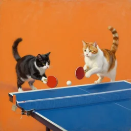 due gatti giocano a ping - pong su sfondo arancione, oil painting