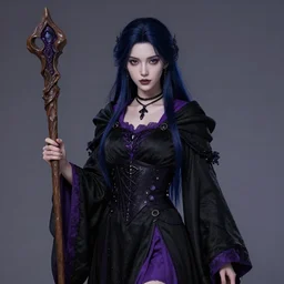 Pretty Sorceress, wearing Black and purple robes, Dark blue hair, magic wooden staff, fully covered, Dark fantasy, romantic lead, detailed face, trending by artstation, artstationhd, artstationhq, matte painting