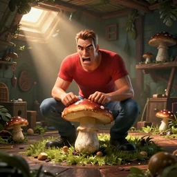 scared duke nukem eating a mushroom, small in room