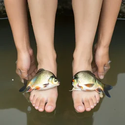 a woman wearing live fish on her feet