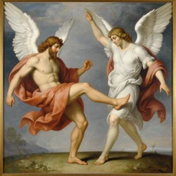A biblical painting of Jacob dropkicking an angel at the top of a mountain by Gustave Doré, black and white palette, Scenic, Dramatic, detailed, dropkick