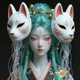 3 d close - up goddess skull liminal human skull, jellyfish, beautiful detailed japanese crow kitsune mask and classical japanese kimono highly detailed. iridescent accents. by wlop, tooth wu, greg rutkowski, alena aenami, beeple, octane render, ray tracing. teal and gold