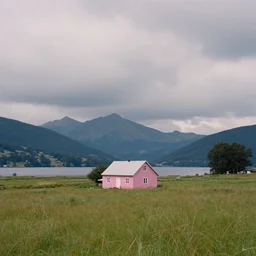 still frame from a wes anderson movie of a meadow with a small pink farm house with a lake and mountains, massive clouds, 1 6 mm f 1. 4 lens, nikkor, canon, sigma, award - winning landscape photography