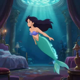 animation key shot of a young mermaid swimming in an elegant palace bedroom sunken in the ocean, studio ghibli, pixar and disney animation, sharp, rendered in unreal engine 5, anime key art by greg rutkowski, bloom, dramatic lighting