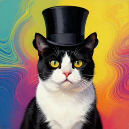 a black and white cat wearing a top hat, a pop art painting by hanns katz, behance, pop surrealism, pop art, quantum wavetracing, official art