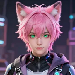 a beautiful headshot portrait of a cute anime male boy with pink hair and pink wolf ears and green eyes wearing cyberpunk clothes. character design by cory loftis, fenghua zhong, ryohei hase, ismail inceoglu and ruan jia. artstation, volumetric light, detailed, photorealistic, fantasy, rendered in octane