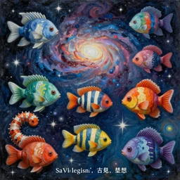 a hd surrealism painting of 3d starry galactic complimentary colored fish landscape by salvia kandalinsky the second, slinky malinky kandinskalvadali's much more talented painter cousin, 4k, ultra realistic