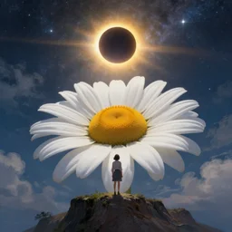 giant white daisy flower head, girl standing on cliff, surreal photography, solar eclipse, milky way, dramatic light, impressionist painting, clouds, digital painting, artstation, james gilleard, liam wong, jeremy mann, simon stalenhag