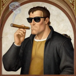 church fresco depicting Duke Nukem smoking a cigar, art by Leonardo Da Vinci, renaissance, sunglasses, Duke Nukem 3D, video game character, intricate, highly detailed