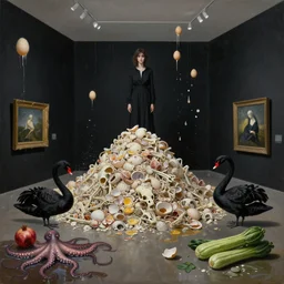 painting of a flooded art gallery room at an art gallery, black walls, a tall emo woman guarding a massive pile of shells and bones, black swans, raw eggs dripping down walls, broke egg shells, sensual, octopus tentacles coming from puddles, pomegranates, courgettes, zen, surrealist, by magritte and monet