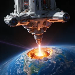 futuristic space ship drilling a hole on earth using laser, 4 k, highly detailed, by greg rutkowski, artstation,