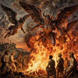 vision of hell with winged demons flying over the flames, art by albrecht durer, art by hans memling, art by leonardo da vinci, art by francisco goya, art by pieter bruegel the elder, art by jan van eyck