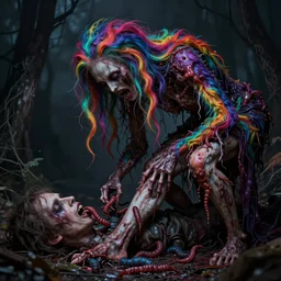 a very colorful and beautiful ( flesh - eating ) gazipagmo hair like maggots and covered in raindow fur, eating the leg of a decomposing man, schizophrenic hallucination, by alexandro judorowski and basia tran, fear, morbid, nightmare, supernatural, 8 k, digital art, highly detailed, chiaroscuro, creepy, terrifying