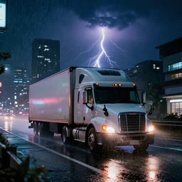 a single semi truck, dekotora, speeding down tokyo highway in the rain, night time, neon lights, thunderstorm, movie still from the film bladerunner