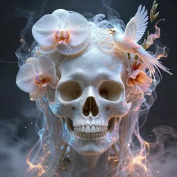 3 d close - up swirly skull portrait!! of the face!! of a beautiful goddess!! with translucent nautilus jellyfish phoenix bird and giant orchid flower and giant gladiola surrounded by smoke and water fire energy flow, highly detailed. octane render, excellent composition, by wlop, tooth wu, greg rutkowski, alena aenami