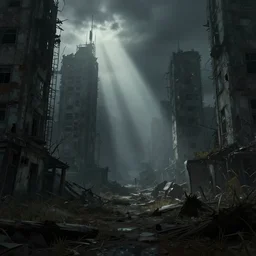 an eerie decayed city, sad, loneliness, god rays, digital art, landscape, fantasy art, octane render, ureal engine, high detail, very realistic, by greg rutkowski. by james gurney