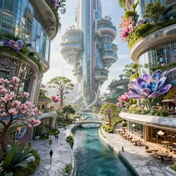 biophilic futuristic scifi suspended city gardens colorful architectural landscape, fluid flowers, porcelain, beautiful morning light, canal bridge paths pedestrian cafes, interior cinematic composition, granite marble, nebula magnolia, water, glass walls, metallic, grass, exotic trees, modular buildings, vincent callebaut composition, 8 k, unreal engine, hdr