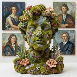a sculpture portrait made of moss and coral reefs and crystals and plants, painting part by wojciech siudmak, part by ilya repin, part by max ernst, part by norman rockwell, artstation