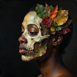 a beautiful black woman's face in profile made of colorful leaf and flower skeleton, in the style of the dutch masters and gregory crewdson, dark and moody,
