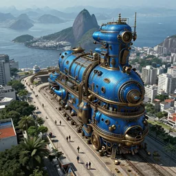 aerial view of rio de janeiro in a steampunk style, travelers walking the streets, 8 k resolution, by hugh ferris and john smith and noriyoshi ohrai, polished, fine detail, intricate, blue color scheme, steampunk style, smooth, octane, concept art, trending on artstation