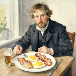egg and bacon breakfast, watercolor painting by vladimir volegov, carl larsson, anders zorn