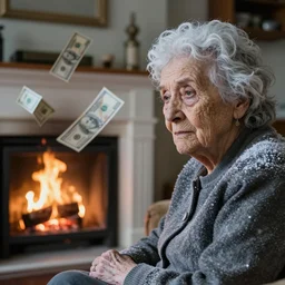 in a frozen old living room a close up portrait of a solitary old underweight lady is cold, in the fireplace burning money floats in the air, hyper realistic photo, full colour, kodak porta 4 0 0, upscale, 8 k, masterpiece,