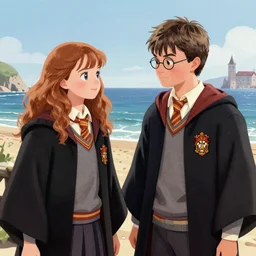 Harry Potter Ron and hermione at the beach, digital art, trending on artstation