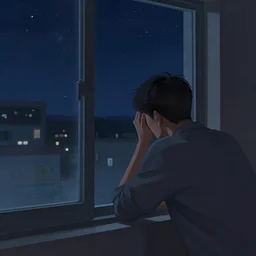 a man who is depressed looking out his window into the night sky, digital painting